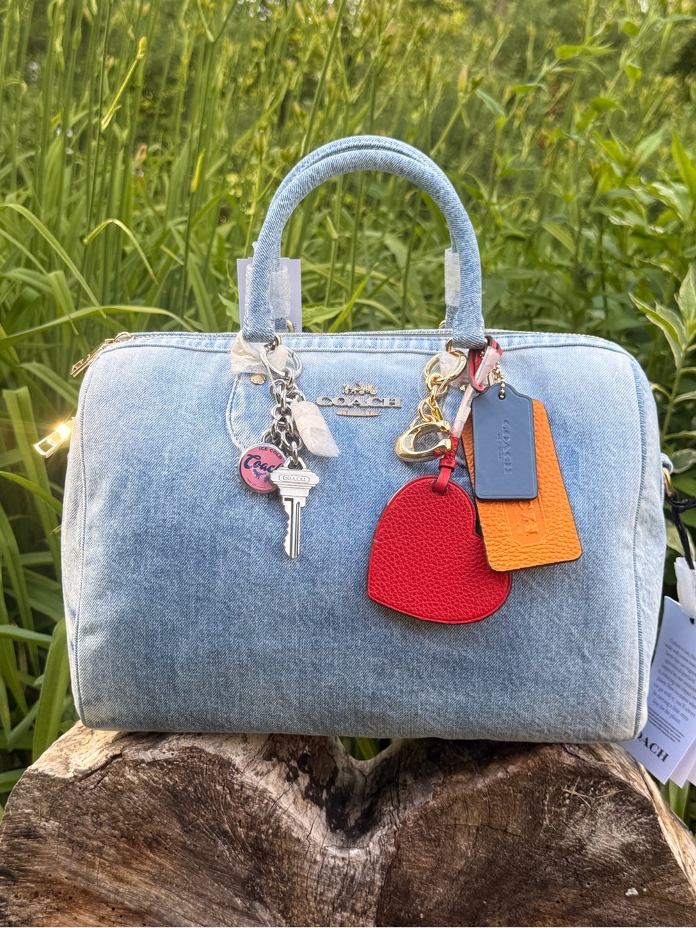 Coach Denim Satchel with Red Heart Charm and Orange & Blue Tags